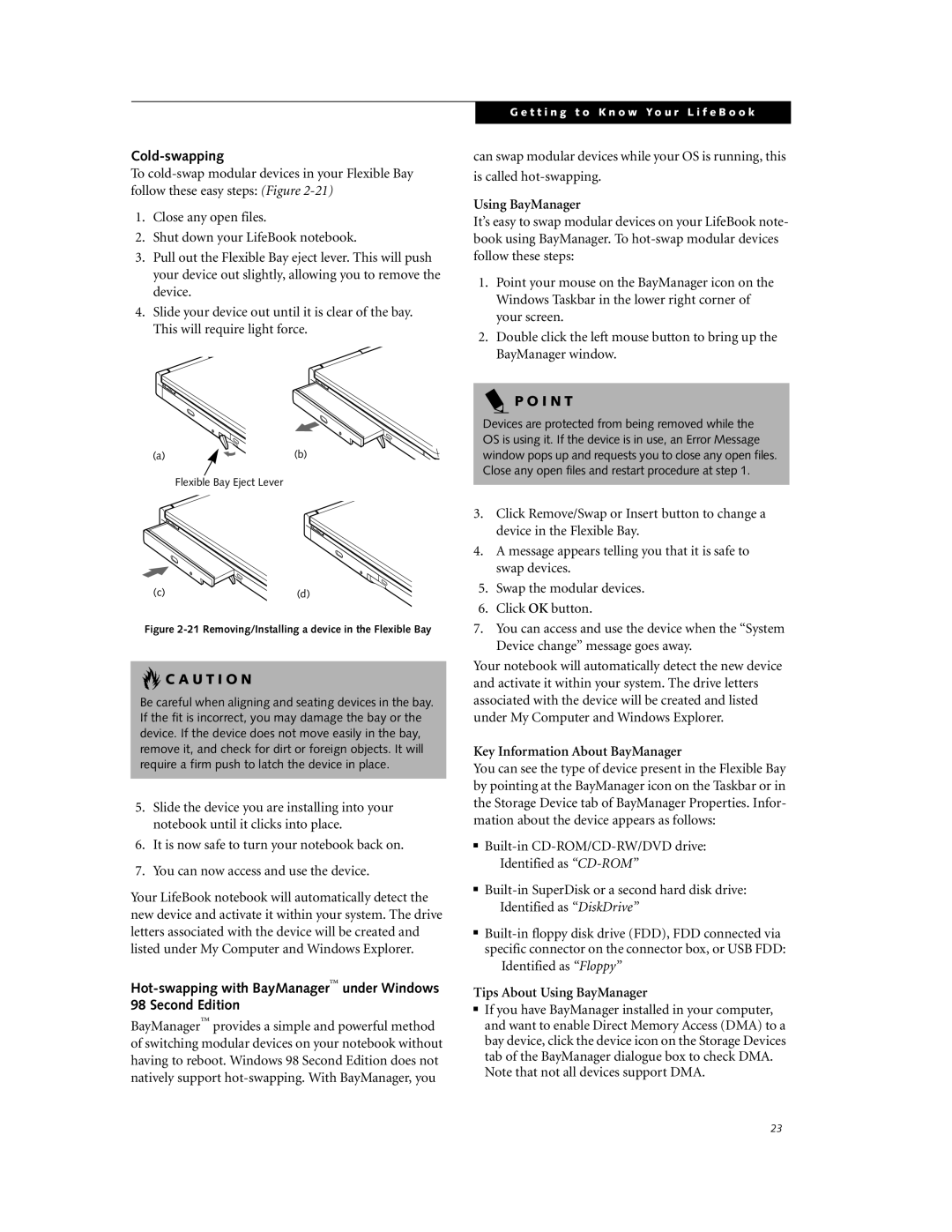 Fujitsu DVD Player manual Cold-swapping, Key Information About BayManager, Tips About Using BayManager 