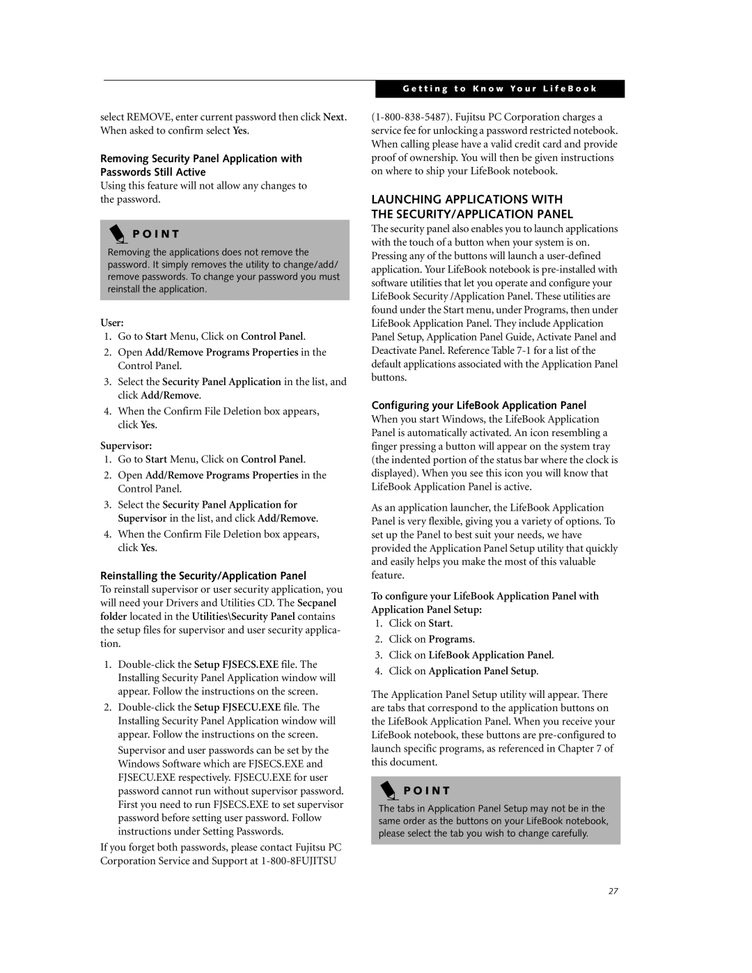 Fujitsu DVD Player manual User, Supervisor, Reinstalling the Security/Application Panel 