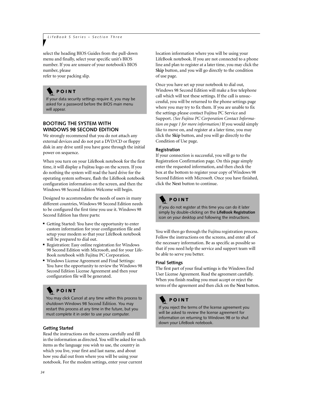 Fujitsu DVD Player manual Booting the System with Windows 98 Second Edition, Getting Started, Registration, Final Settings 