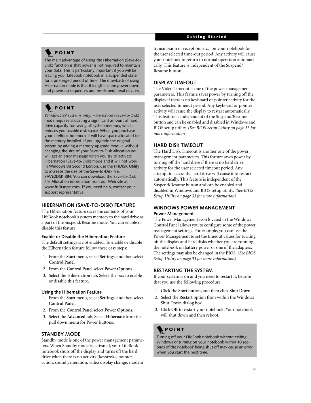 Fujitsu DVD Player manual Hibernation SAVE-TO-DISK Feature, Standby Mode, Display Timeout, Hard Disk Timeout 