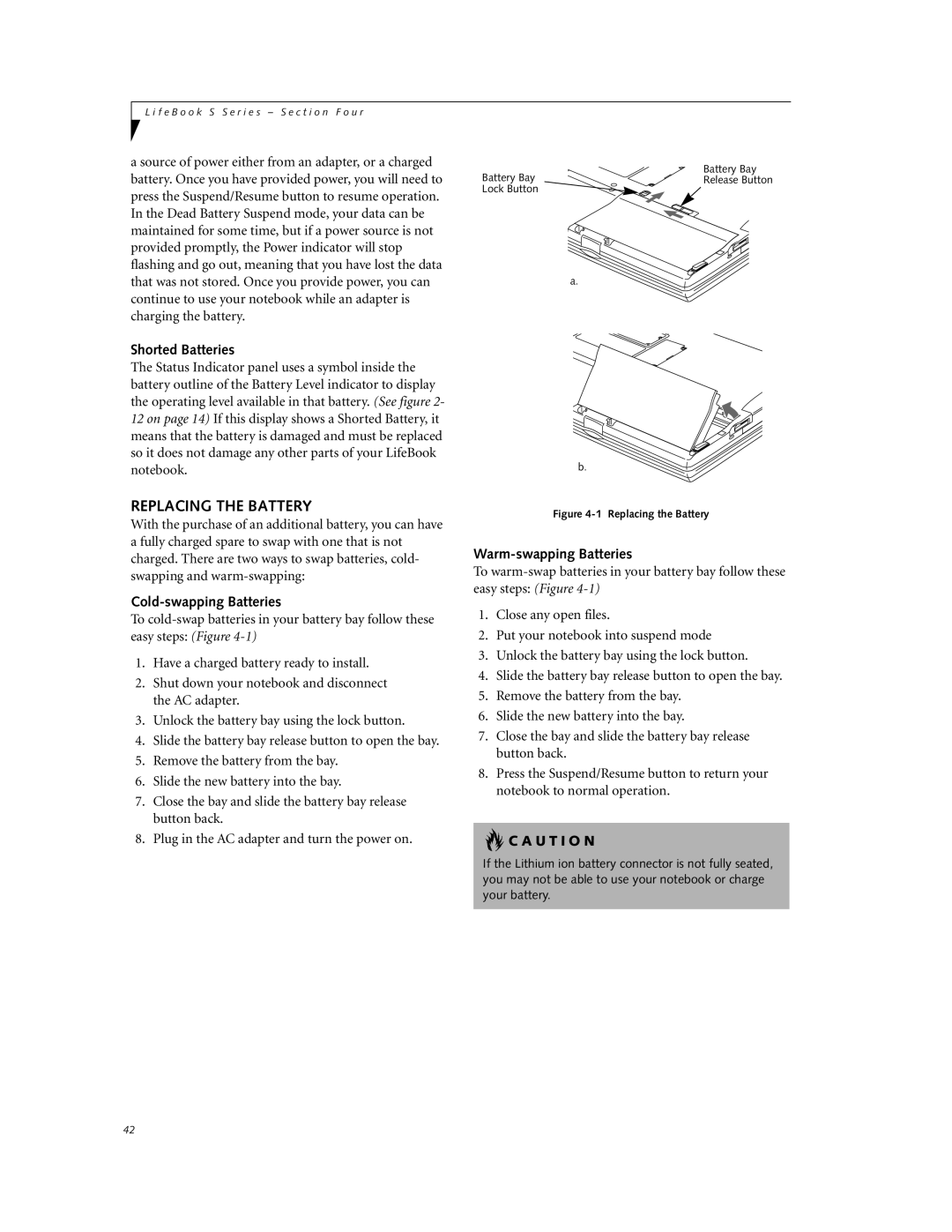 Fujitsu DVD Player manual Replacing the Battery, Shorted Batteries, Cold-swapping Batteries, Warm-swapping Batteries 