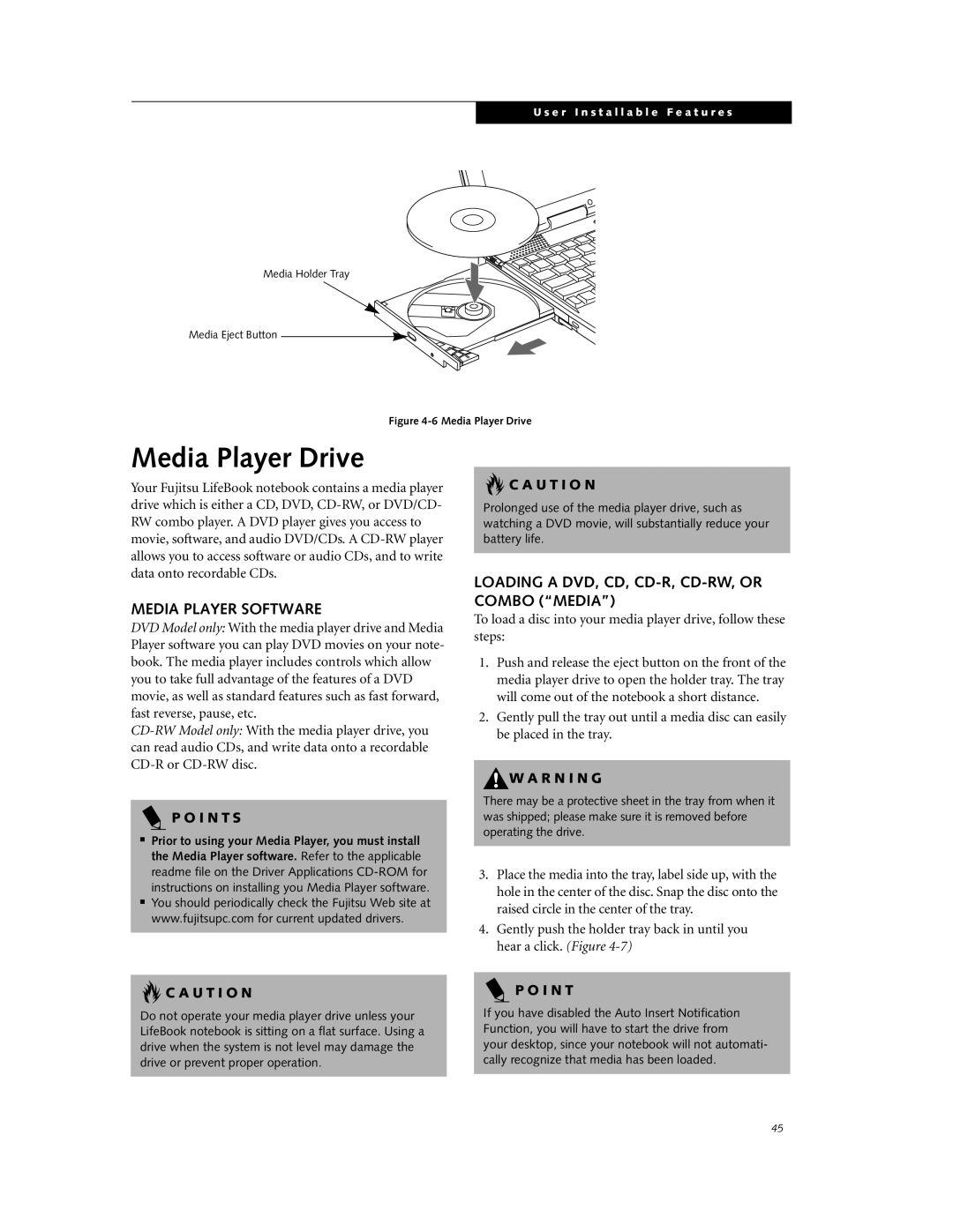 Fujitsu DVD Player Media Player Drive, Media Player Software, Loading a DVD, CD, CD-R, CD-RW, or Combo Media, I N T S 