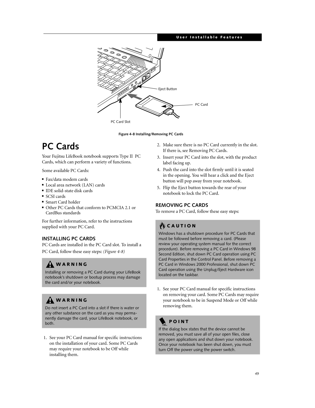 Fujitsu DVD Player manual Installing PC Cards, Removing PC Cards 