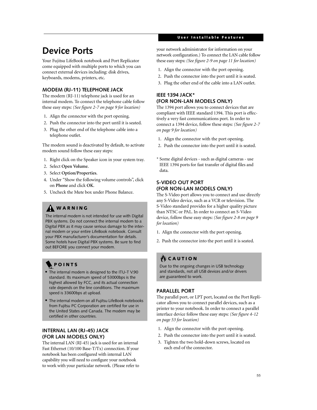 Fujitsu DVD Player manual Device Ports, Modem RJ-11 Telephone Jack, Ieee 1394 Jack For NON-LAN Models only, Parallel Port 