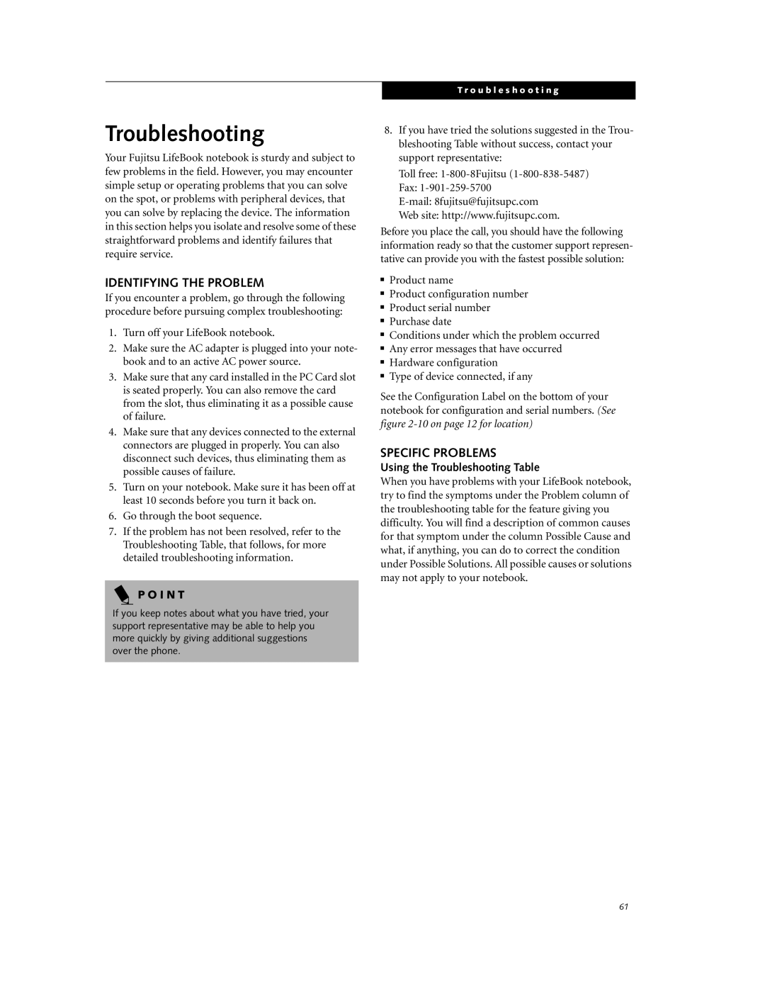 Fujitsu DVD Player manual Identifying the Problem, Specific Problems, Using the Troubleshooting Table 