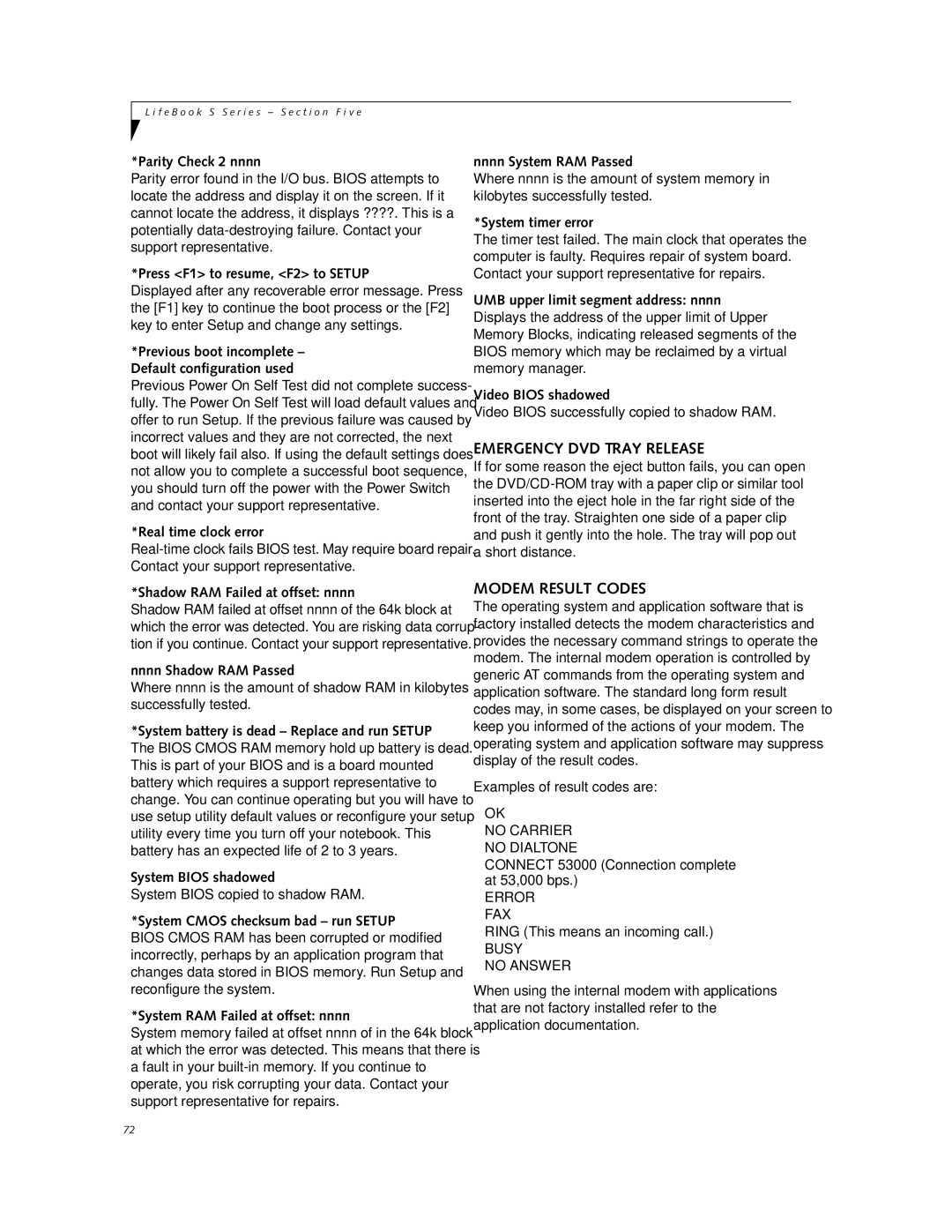 Fujitsu DVD Player manual Emergency DVD Tray Release, Modem Result Codes 