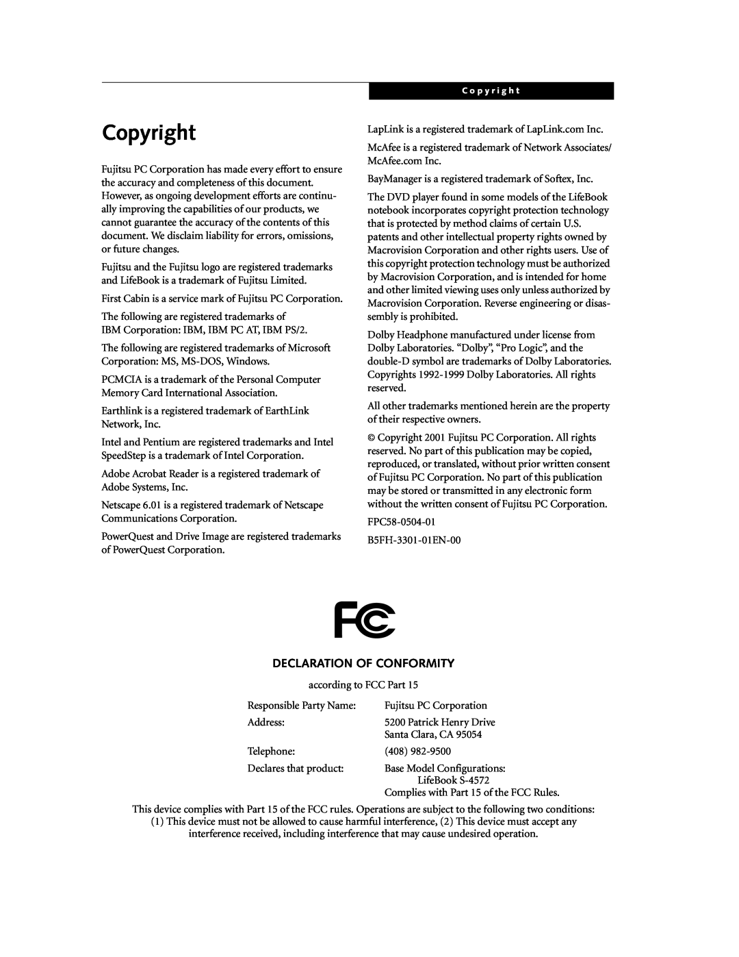 Fujitsu DVD Player manual Copyright, Declaration Of Conformity 