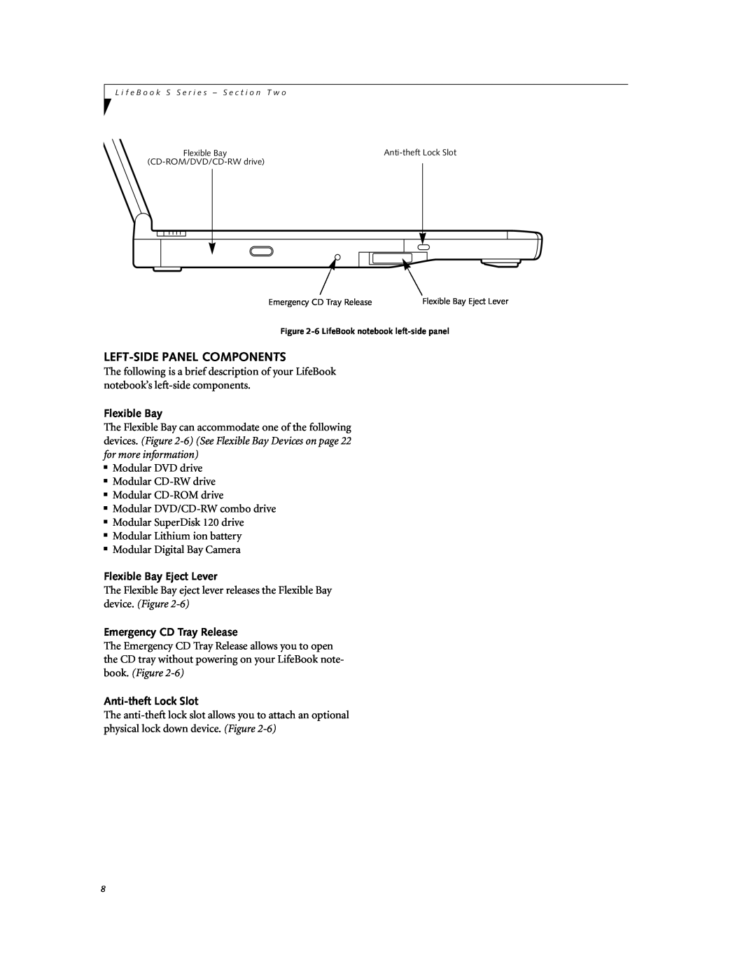 Fujitsu DVD Player manual Left-Side Panel Components, Flexible Bay Eject Lever, Emergency CD Tray Release 