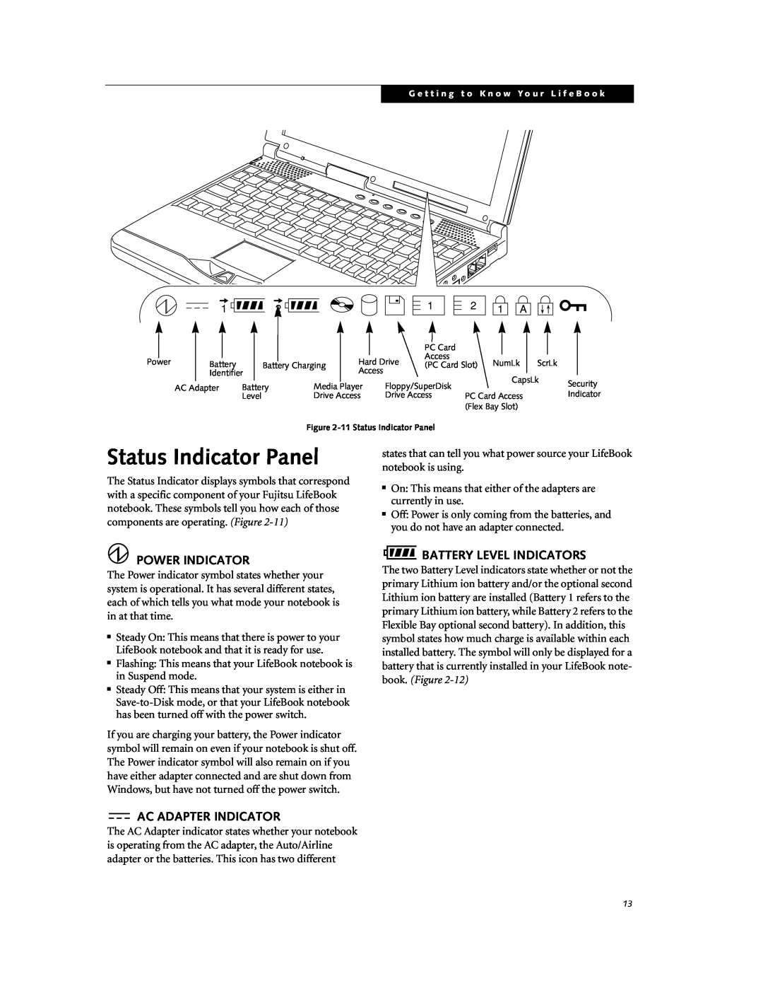 Fujitsu DVD Player manual Status Indicator Panel, Power Indicator, Ac Adapter Indicator, Battery Level Indicators 