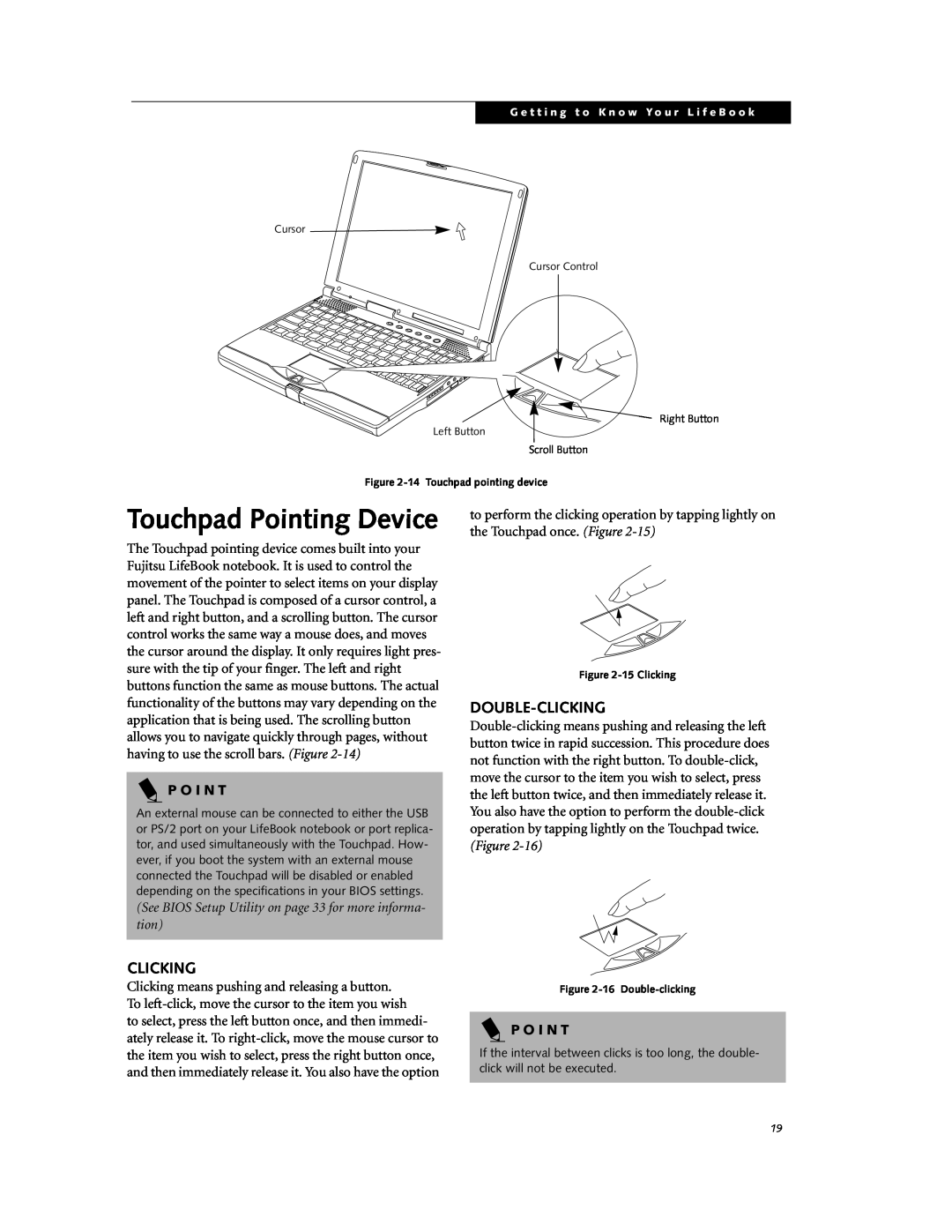 Fujitsu DVD Player manual Touchpad Pointing Device, Double-Clicking, P O I N T 