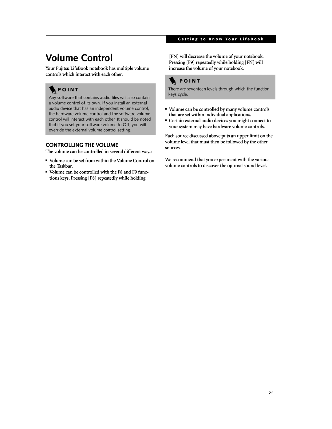 Fujitsu DVD Player manual Volume Control, Controlling The Volume, P O I N T 