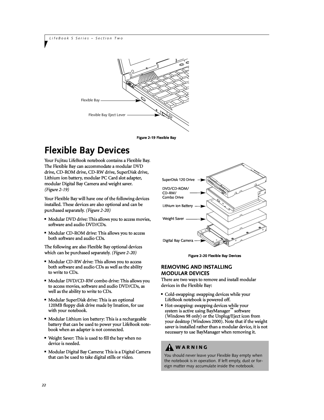 Fujitsu DVD Player manual Flexible Bay Devices, Removing And Installing Modular Devices, W A R N I N G 