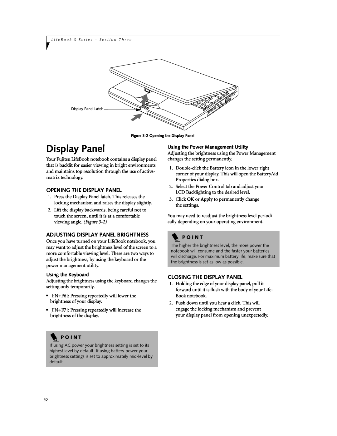 Fujitsu DVD Player Opening The Display Panel, Adjusting Display Panel Brightness, Closing The Display Panel, P O I N T 