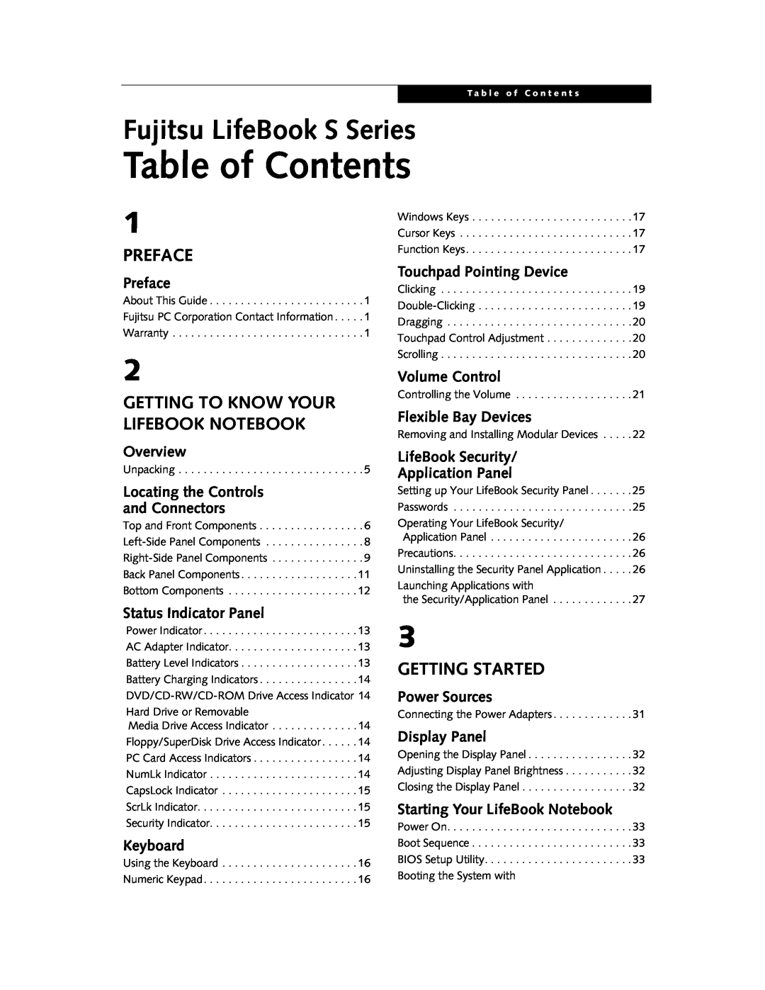 Fujitsu DVD Player manual Table of Contents, Preface, Getting Started, Getting To Know Your Lifebook Notebook 