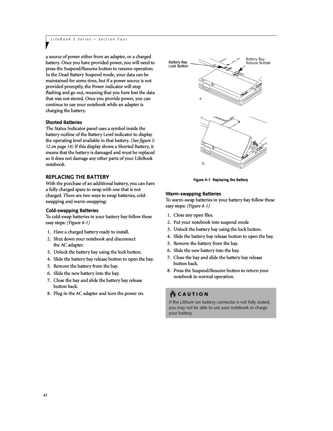 Fujitsu DVD Player manual Replacing The Battery, Shorted Batteries, Cold-swapping Batteries, Warm-swapping Batteries 
