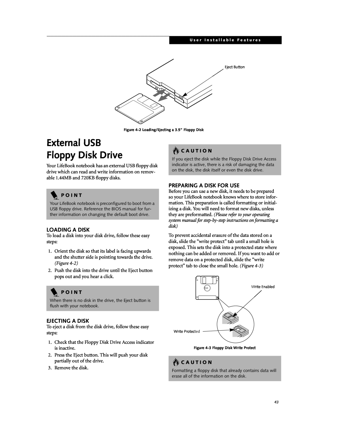 Fujitsu DVD Player External USB Floppy Disk Drive, Loading A Disk, Ejecting A Disk, Preparing A Disk For Use, P O I N T 