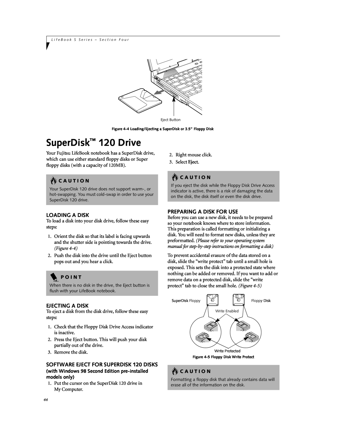 Fujitsu DVD Player manual SuperDisk 120 Drive, Loading A Disk, Ejecting A Disk, Preparing A Disk For Use, C A U T I O N 