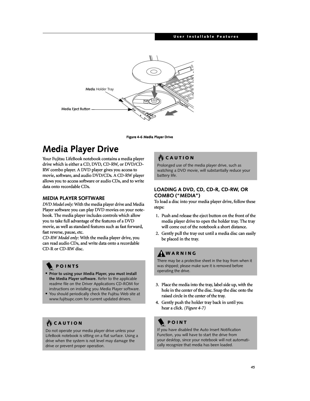 Fujitsu DVD Player Media Player Drive, Media Player Software, Loading A Dvd, Cd, Cd-R, Cd-Rw, Or Combo “Media”, P O I N T 