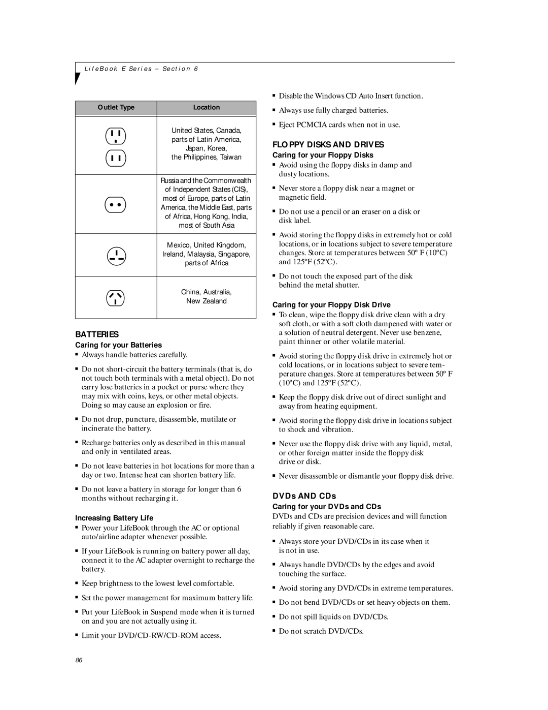 Fujitsu E-6570 manual Batteries, Floppy Disks and Drives 