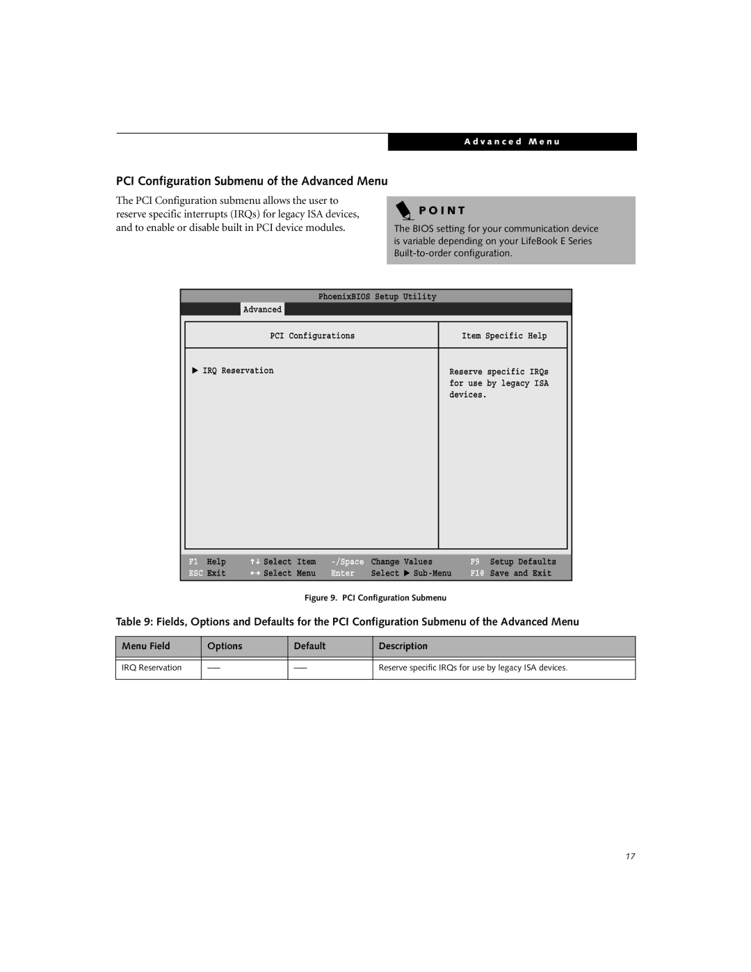 Fujitsu E-6644, E-6634, E-6664 PCI Configuration Submenu of the Advanced Menu, Main Advanced Security Power Savings Exit 