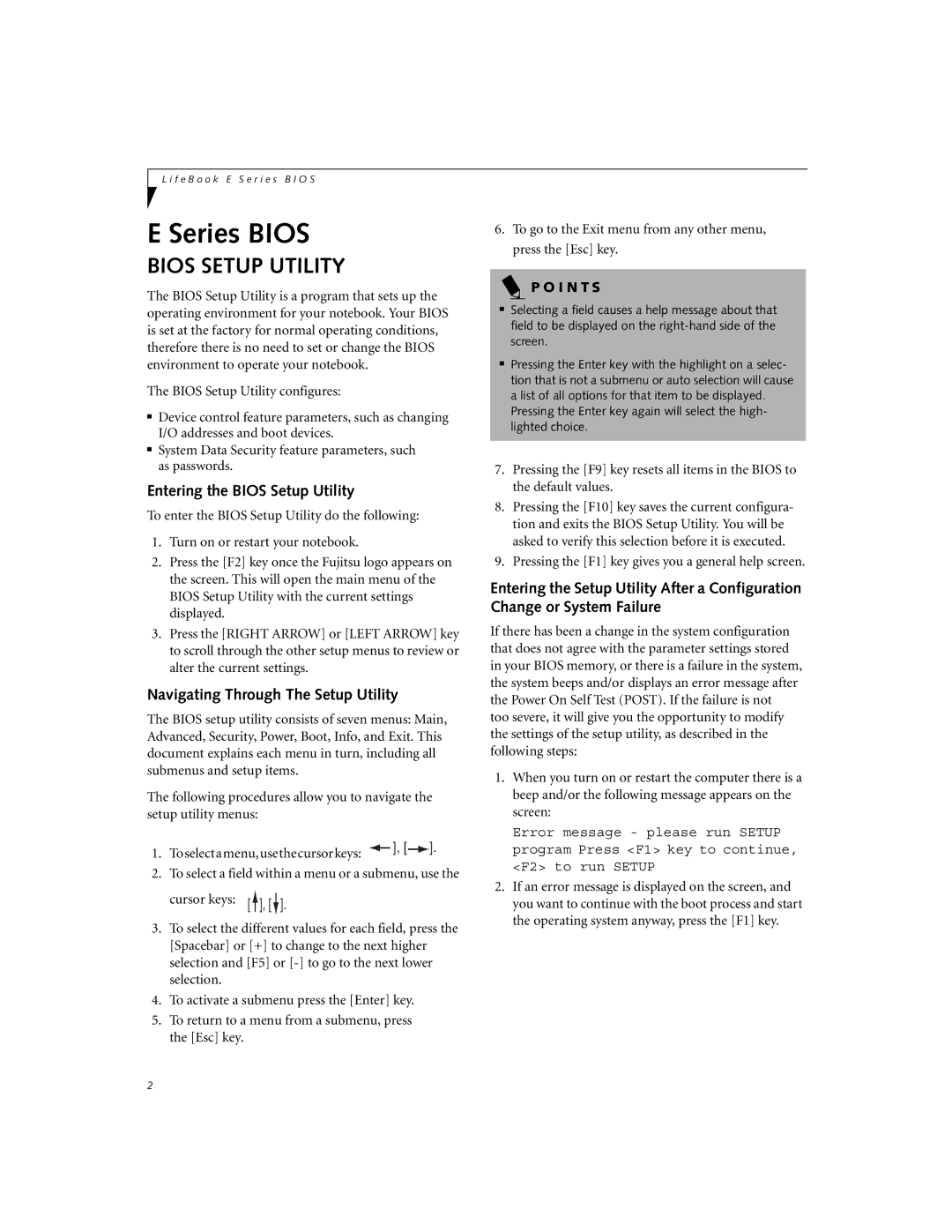 Fujitsu E-6664, E-6634, E-6644, E-6624 manual Entering the Bios Setup Utility, Navigating Through The Setup Utility 