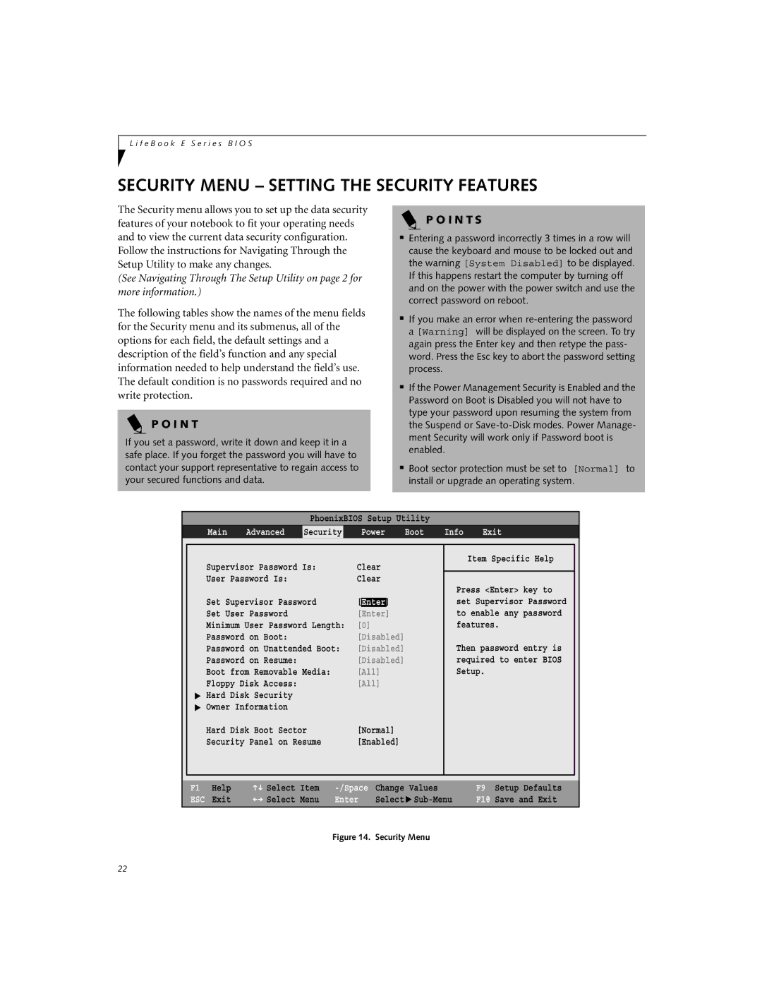 Fujitsu E-6664, E-6634, E-6644, E-6624 manual Security Menu Setting the Security Features, Power Boot 