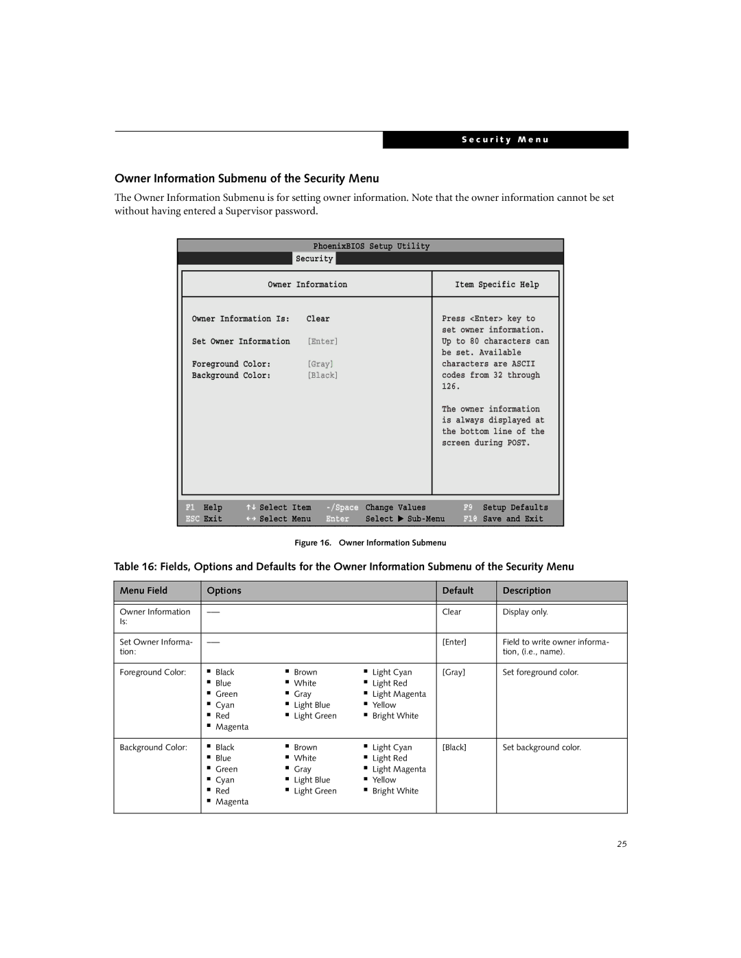 Fujitsu E-6644, E-6634, E-6664, E-6624 manual Owner Information Submenu of the Security Menu, Black 