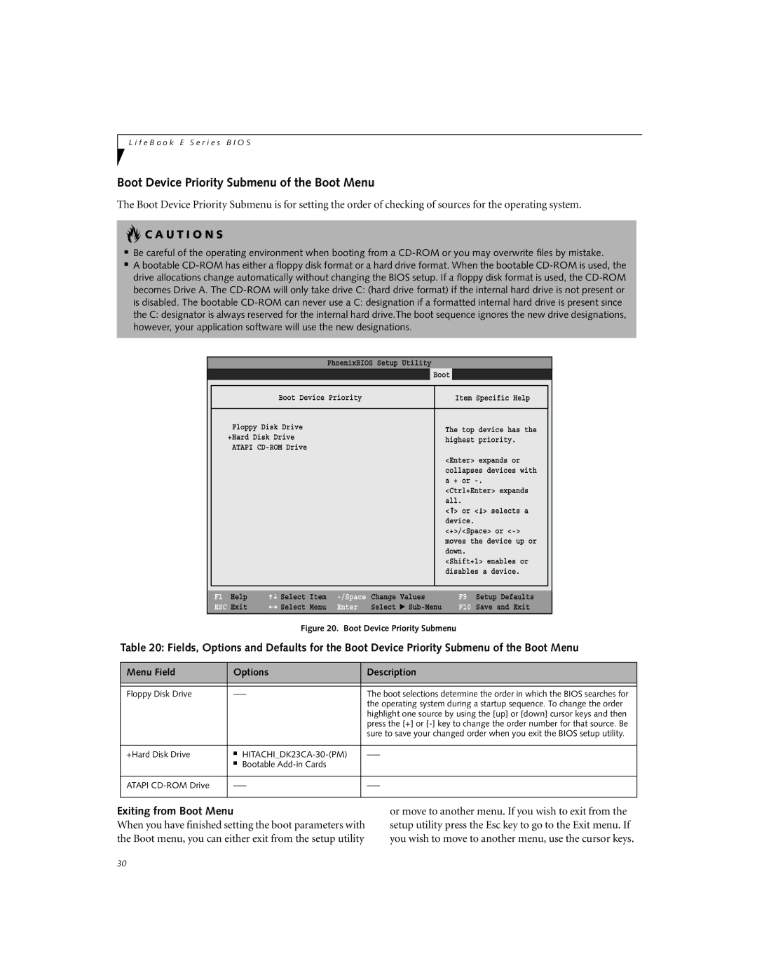 Fujitsu E-6664, E-6634, E-6644, E-6624 Boot Device Priority Submenu of the Boot Menu, U T I O N S, Exiting from Boot Menu 