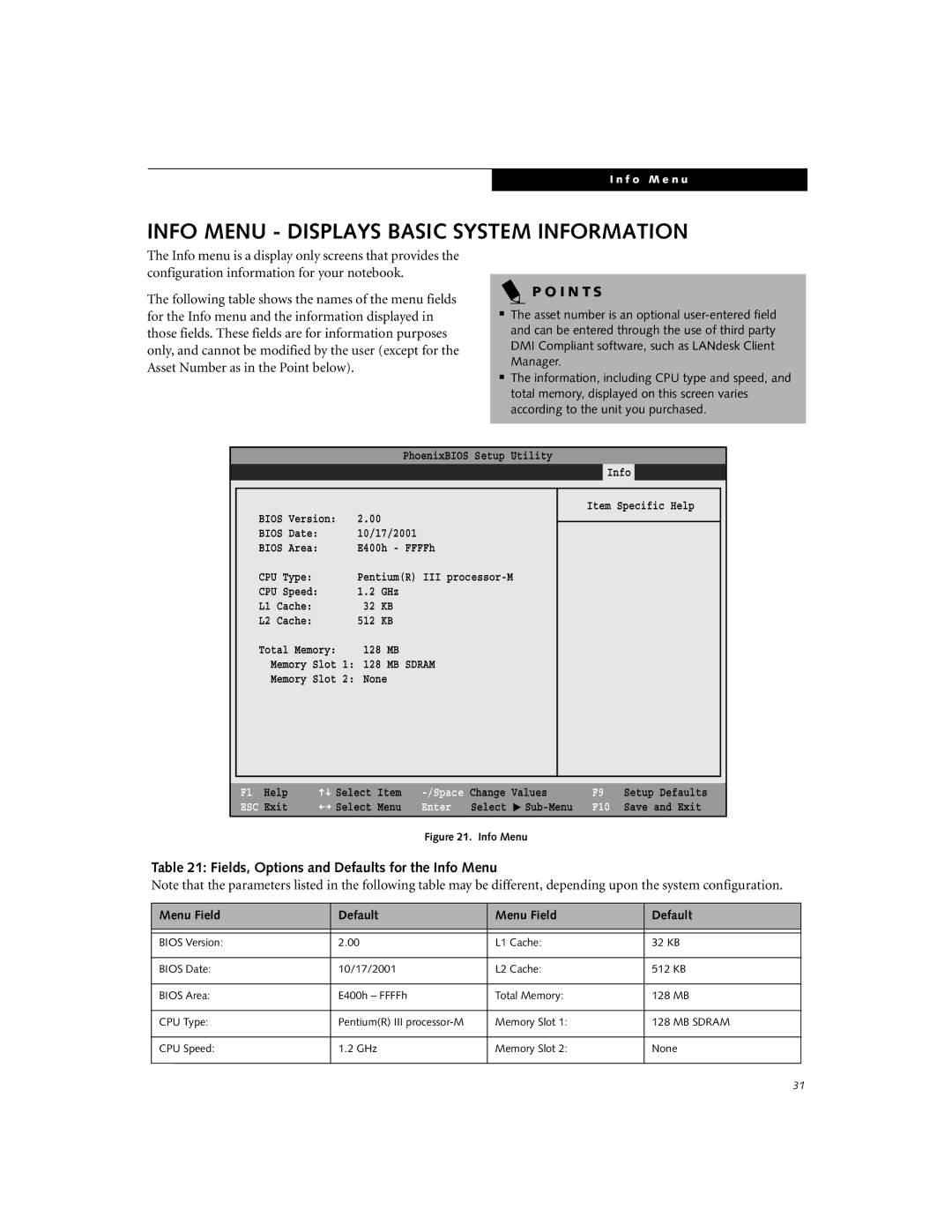 Fujitsu E-6624, E-6634, E-6644 Info Menu Displays Basic System Information, Fields, Options and Defaults for the Info Menu 