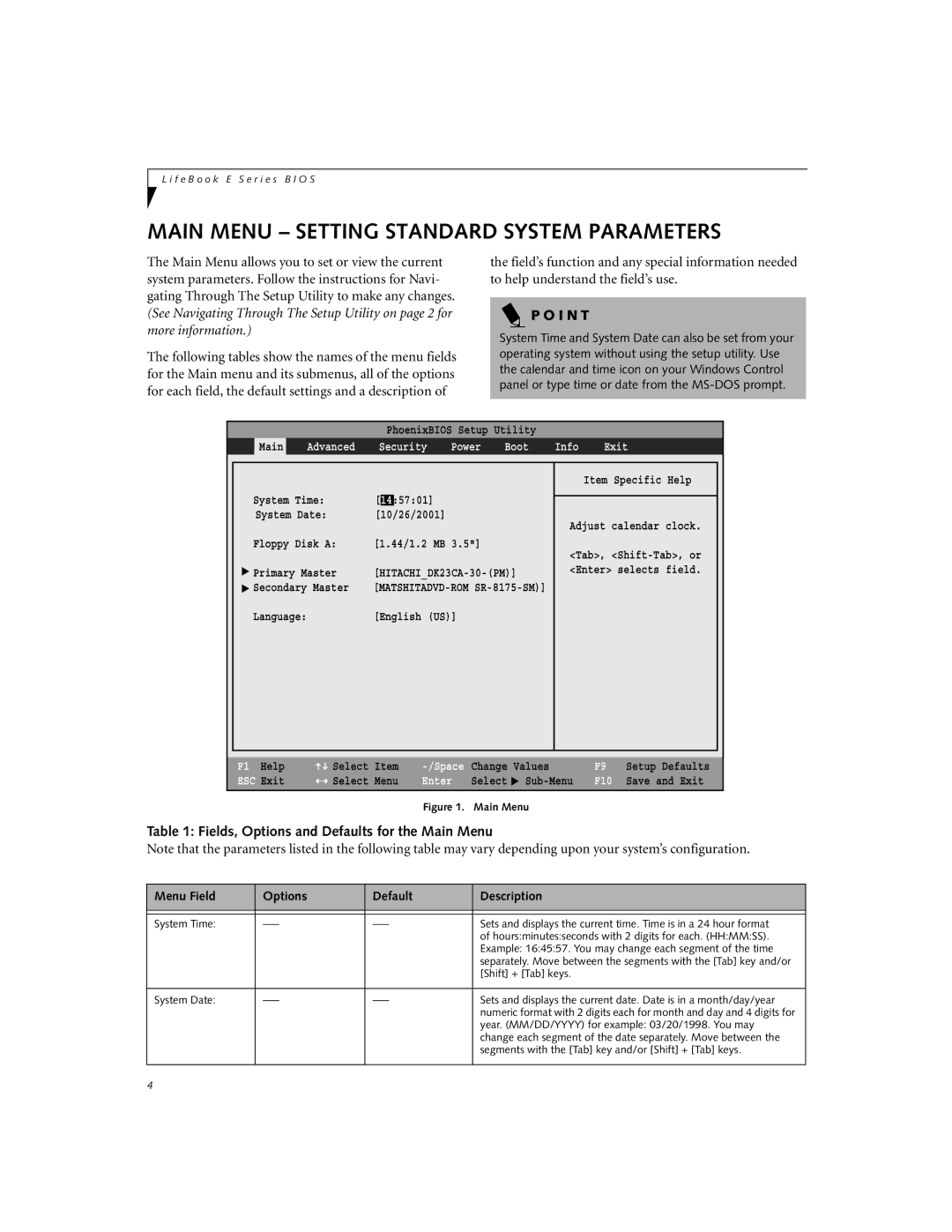 Fujitsu E-6634, E-6644, E-6664 Main Menu Setting Standard System Parameters, Fields, Options and Defaults for the Main Menu 