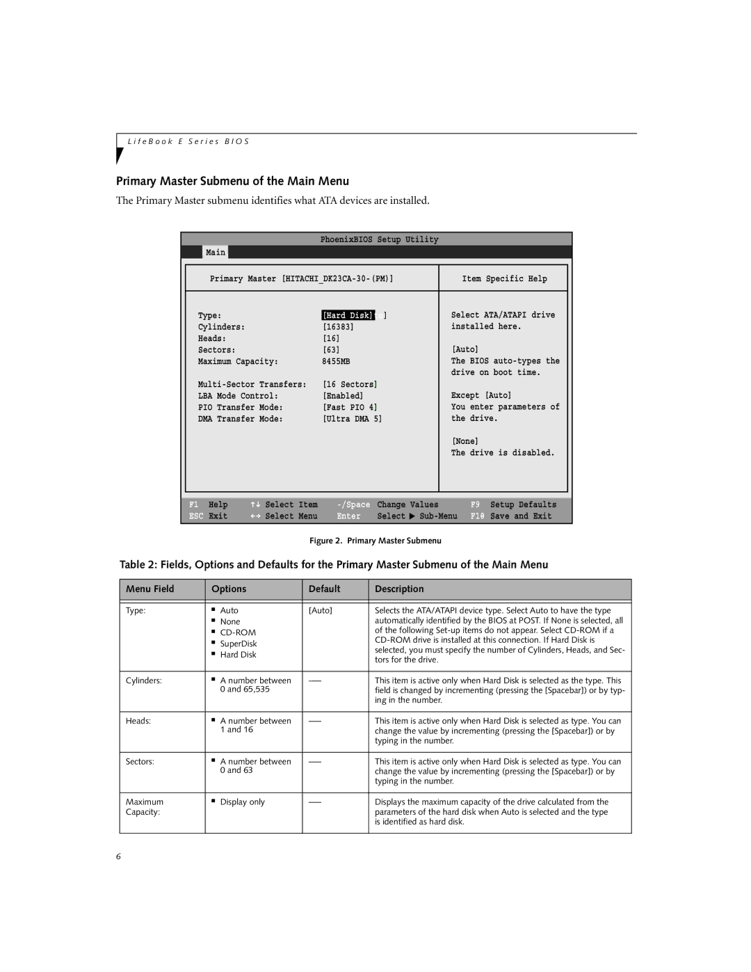 Fujitsu E-6664, E-6634, E-6644, E-6624 manual Primary Master Submenu of the Main Menu, Hard Disk to 