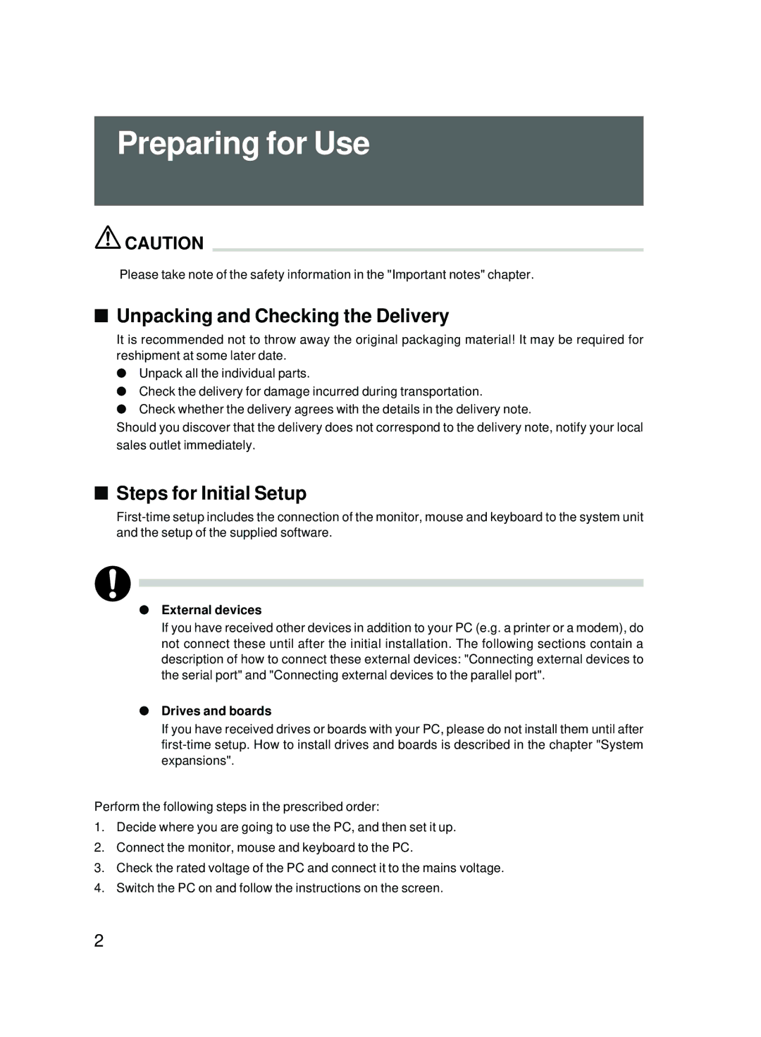 Fujitsu E600 user manual Preparing for Use, Unpacking and Checking the Delivery, Steps for Initial Setup, External devices 