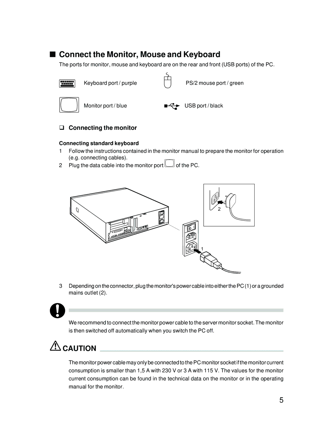 Fujitsu E600 user manual Connect the Monitor, Mouse and Keyboard, Connecting the monitor, Connecting standard keyboard 