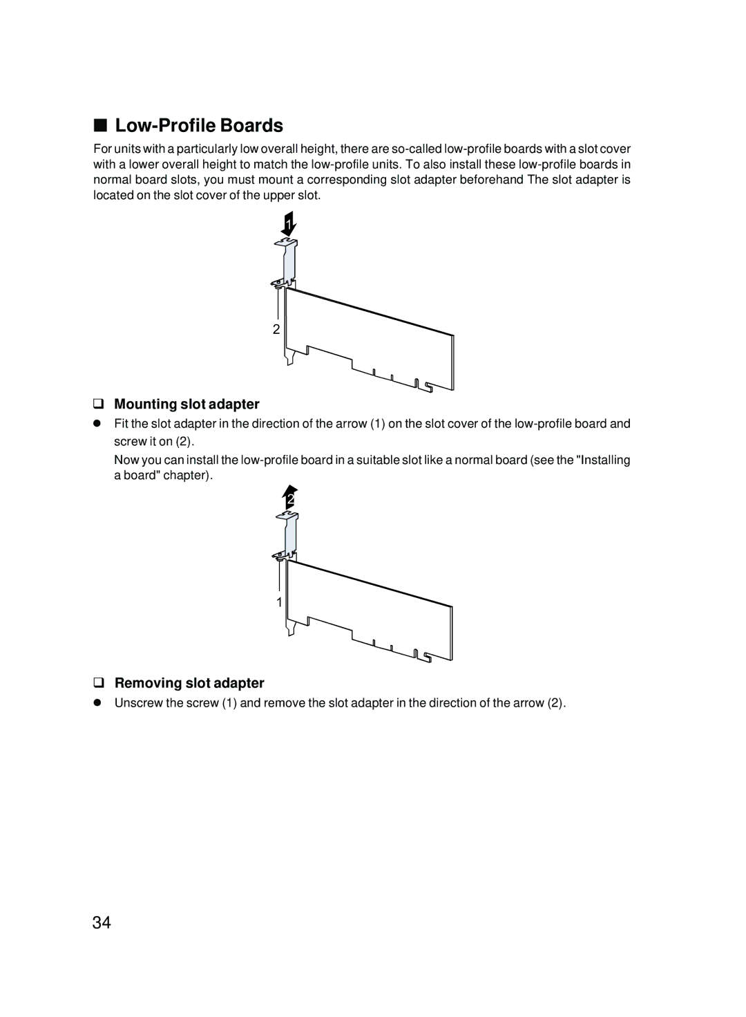 Fujitsu E600 user manual Low-Profile Boards, Mounting slot adapter, Removing slot adapter 