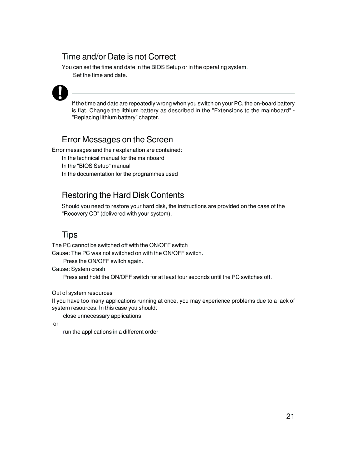 Fujitsu E623 Time and/or Date is not Correct, Error Messages on the Screen, Restoring the Hard Disk Contents, Tips 