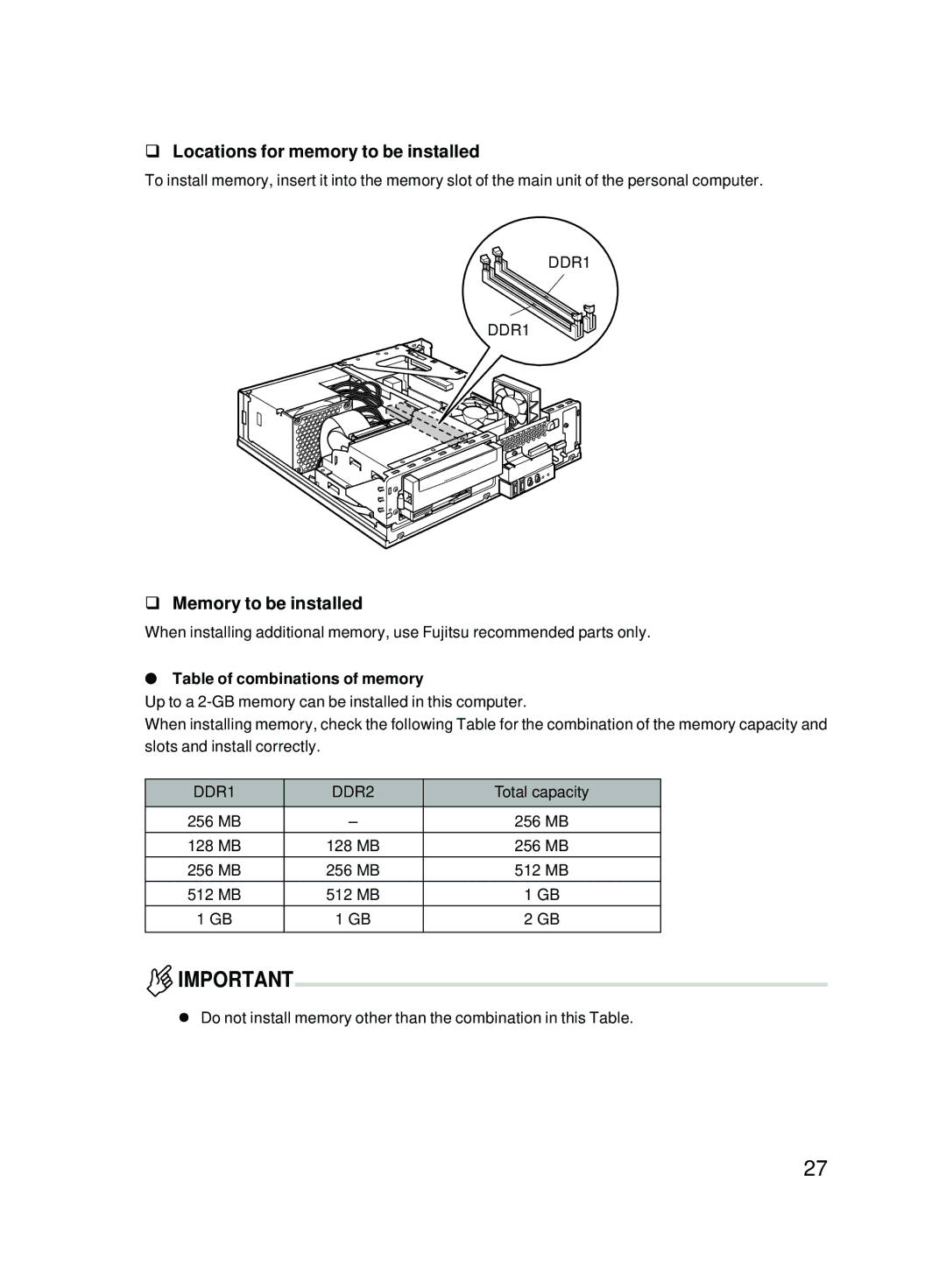 Fujitsu E623 user manual Locations for memory to be installed, Memory to be installed, Table of combinations of memory 