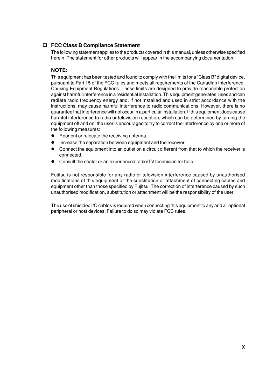 Fujitsu E623 user manual FCC Class B Compliance Statement 