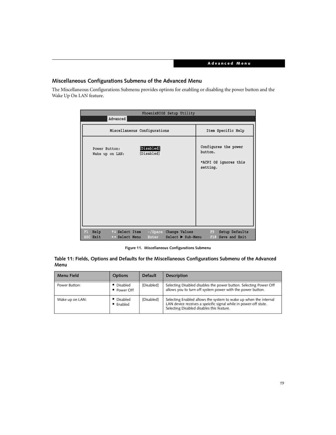 Fujitsu E7110, E7010 manual Miscellaneous Configurations Submenu of the Advanced Menu 