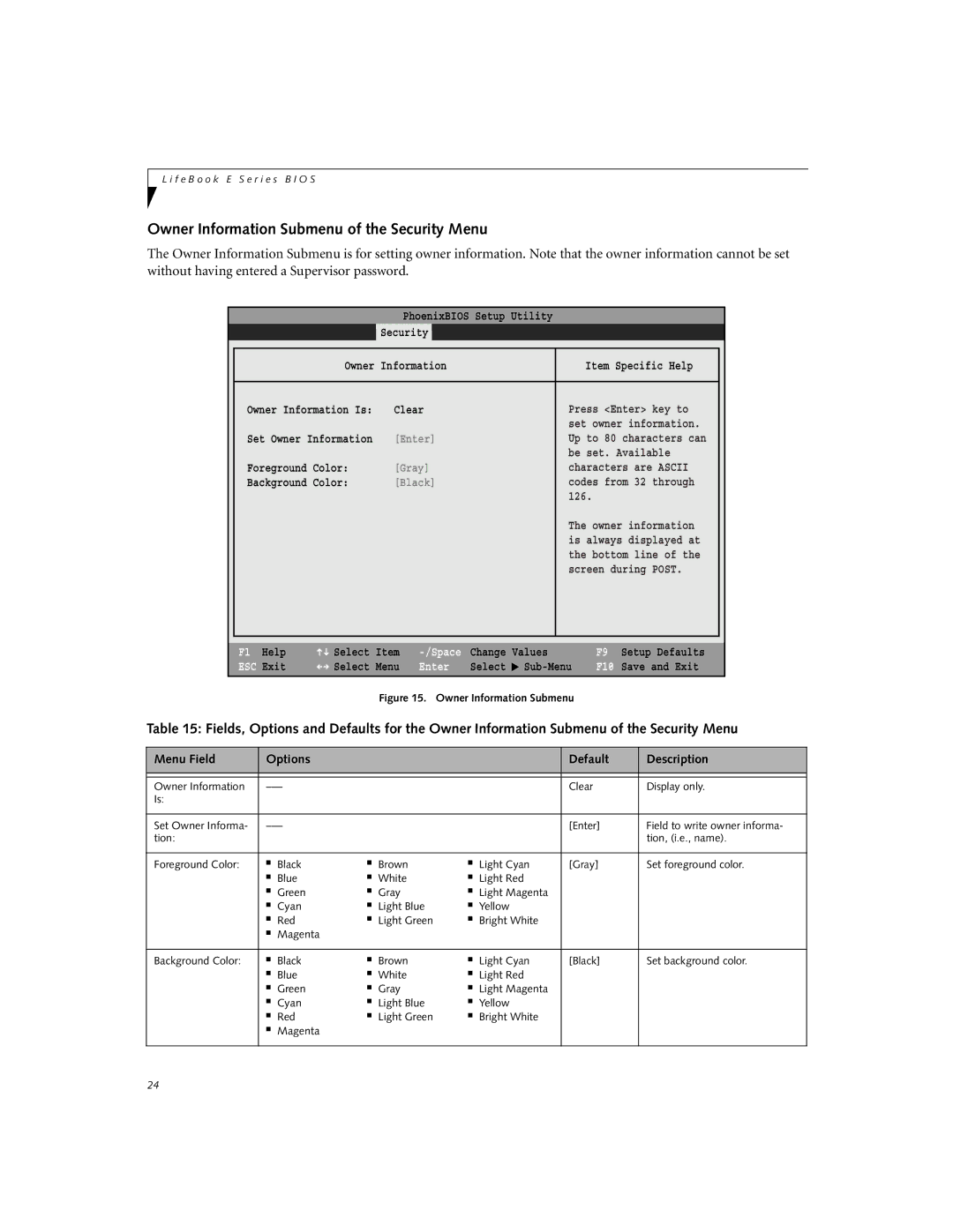 Fujitsu E7010, E7110 manual Owner Information Submenu of the Security Menu, Black 