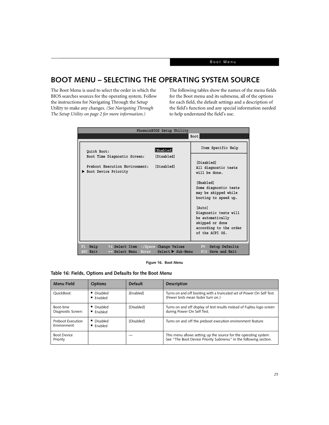 Fujitsu E7110, E7010 manual Boot Menu Selecting the Operating System Source, Fields, Options and Defaults for the Boot Menu 