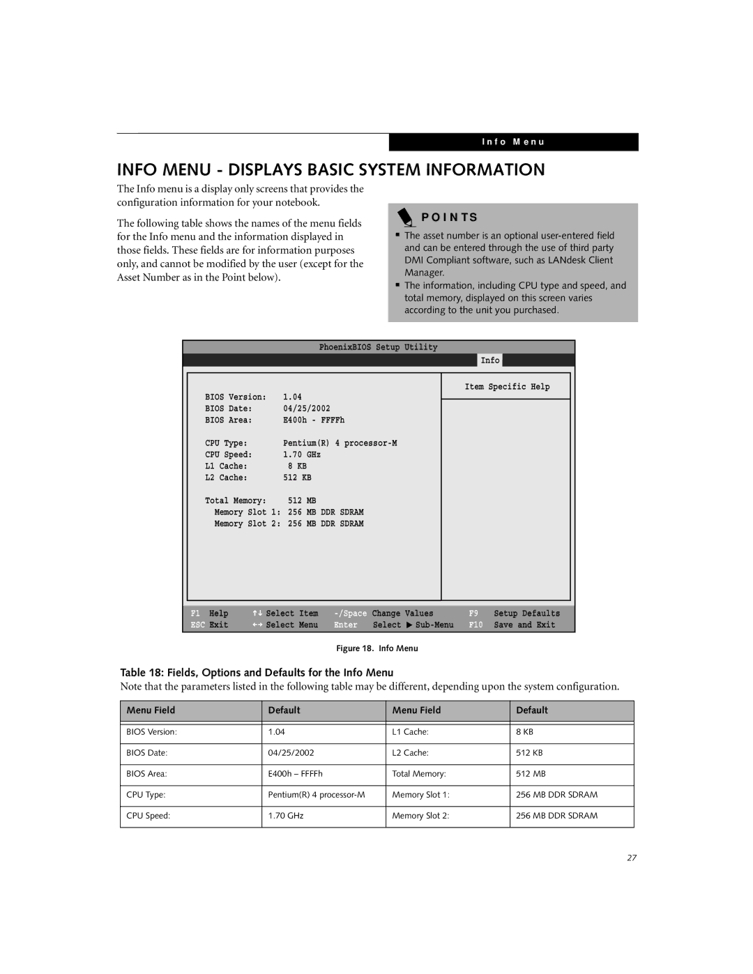 Fujitsu E7110, E7010 manual Info Menu Displays Basic System Information, Fields, Options and Defaults for the Info Menu 