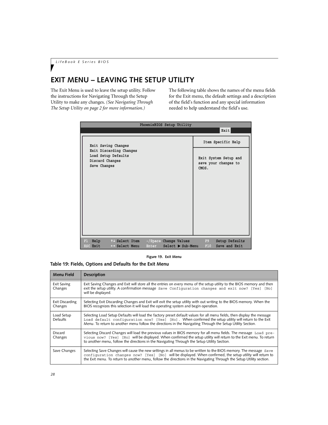 Fujitsu E7010, E7110 manual Exit Menu Leaving the Setup Utility, Fields, Options and Defaults for the Exit Menu 