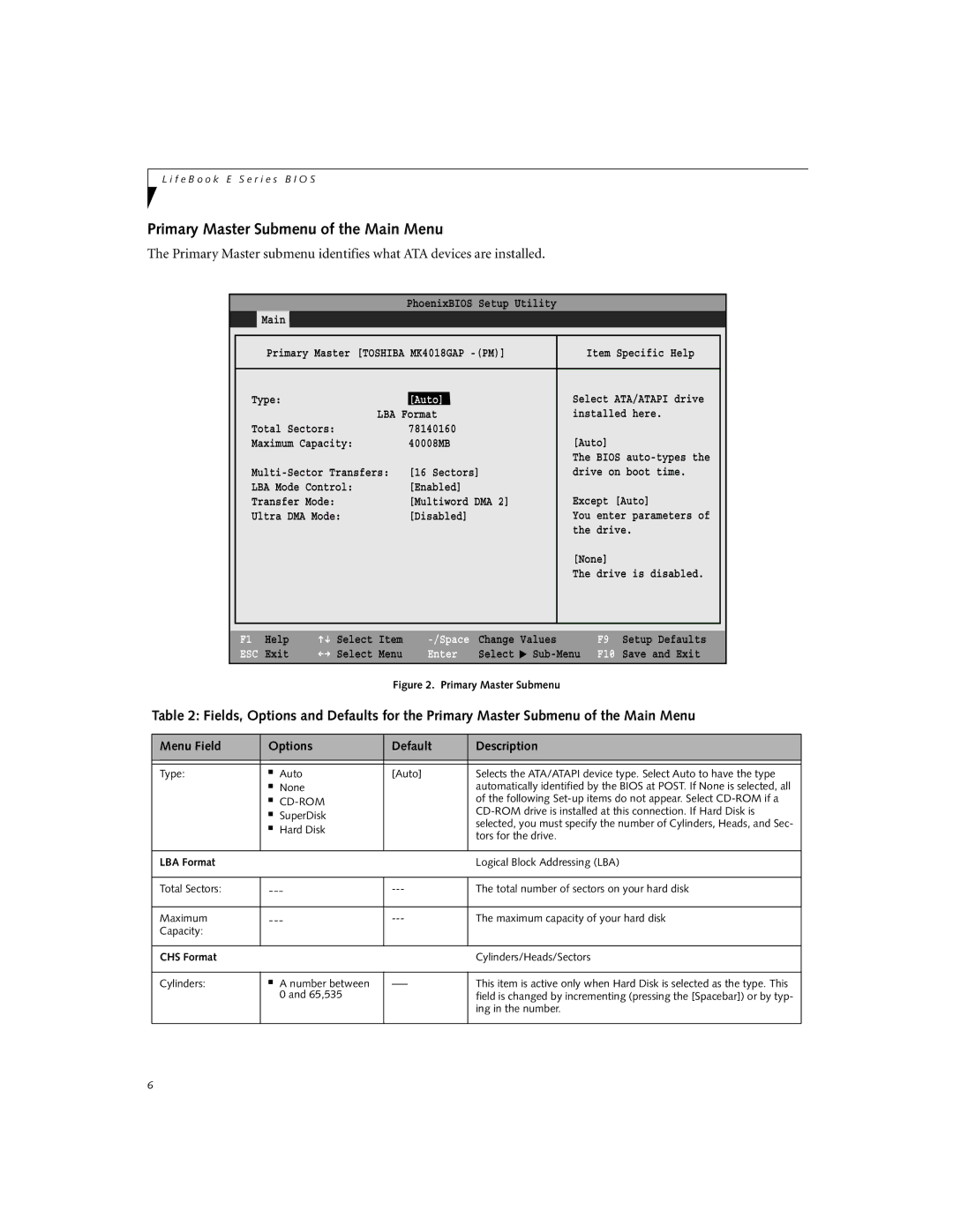 Fujitsu E7010, E7110 manual Primary Master Submenu of the Main Menu, Auto 