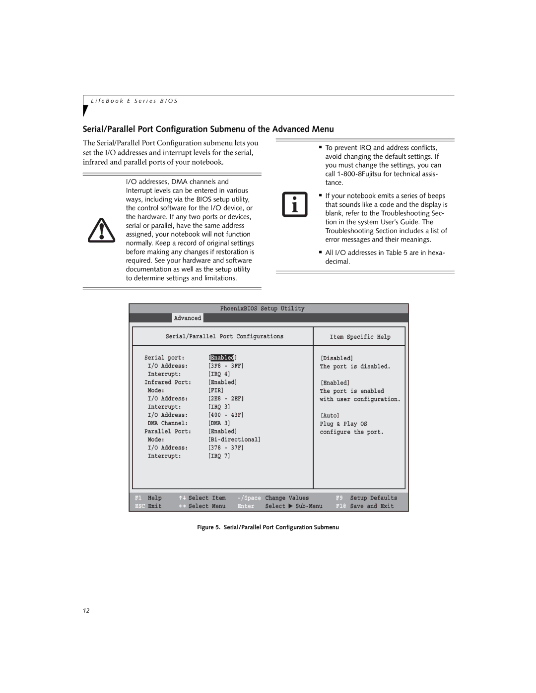 Fujitsu E8010 manual Enabled, Serial/Parallel Port Configuration Submenu 