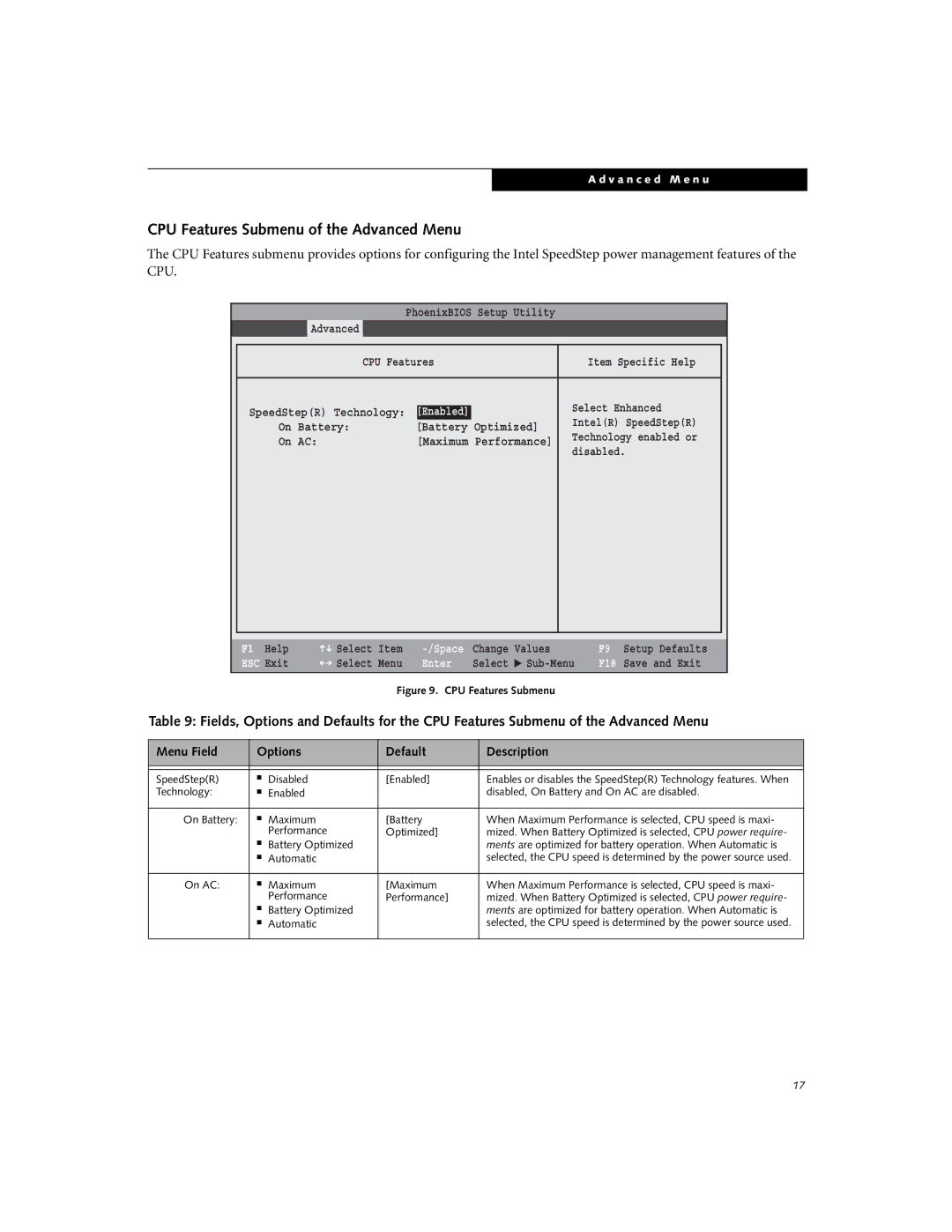 Fujitsu E8010 manual CPU Features Submenu of the Advanced Menu, SpeedStepR Disabled Enabled 