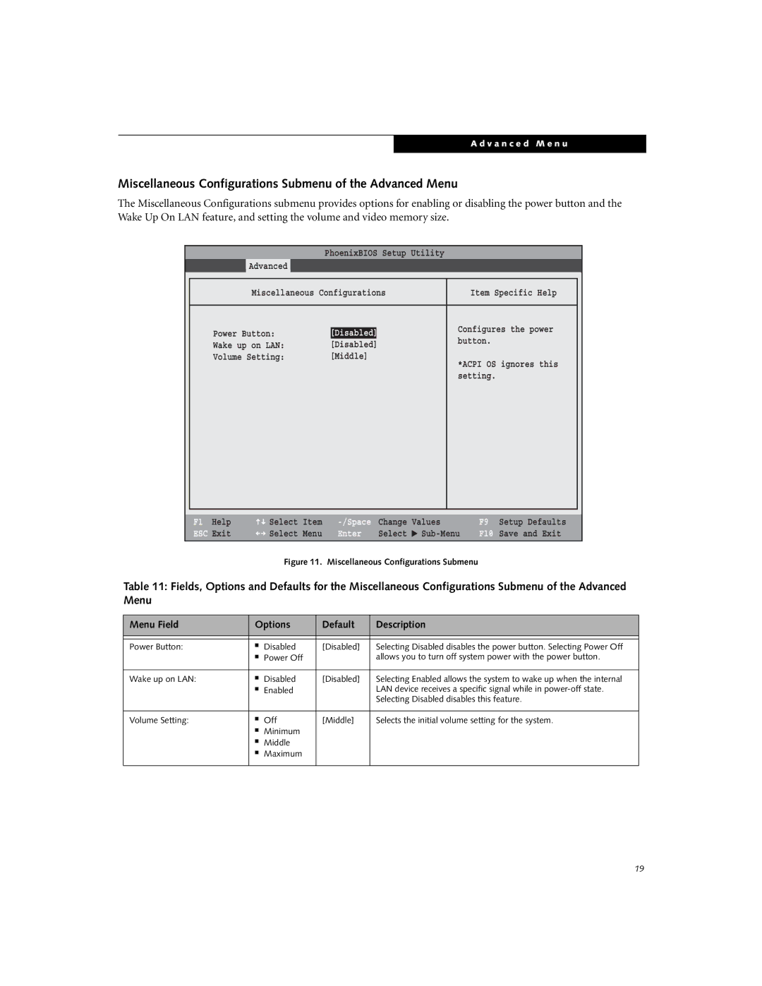 Fujitsu E8010 manual Miscellaneous Configurations Submenu of the Advanced Menu, Disabled 