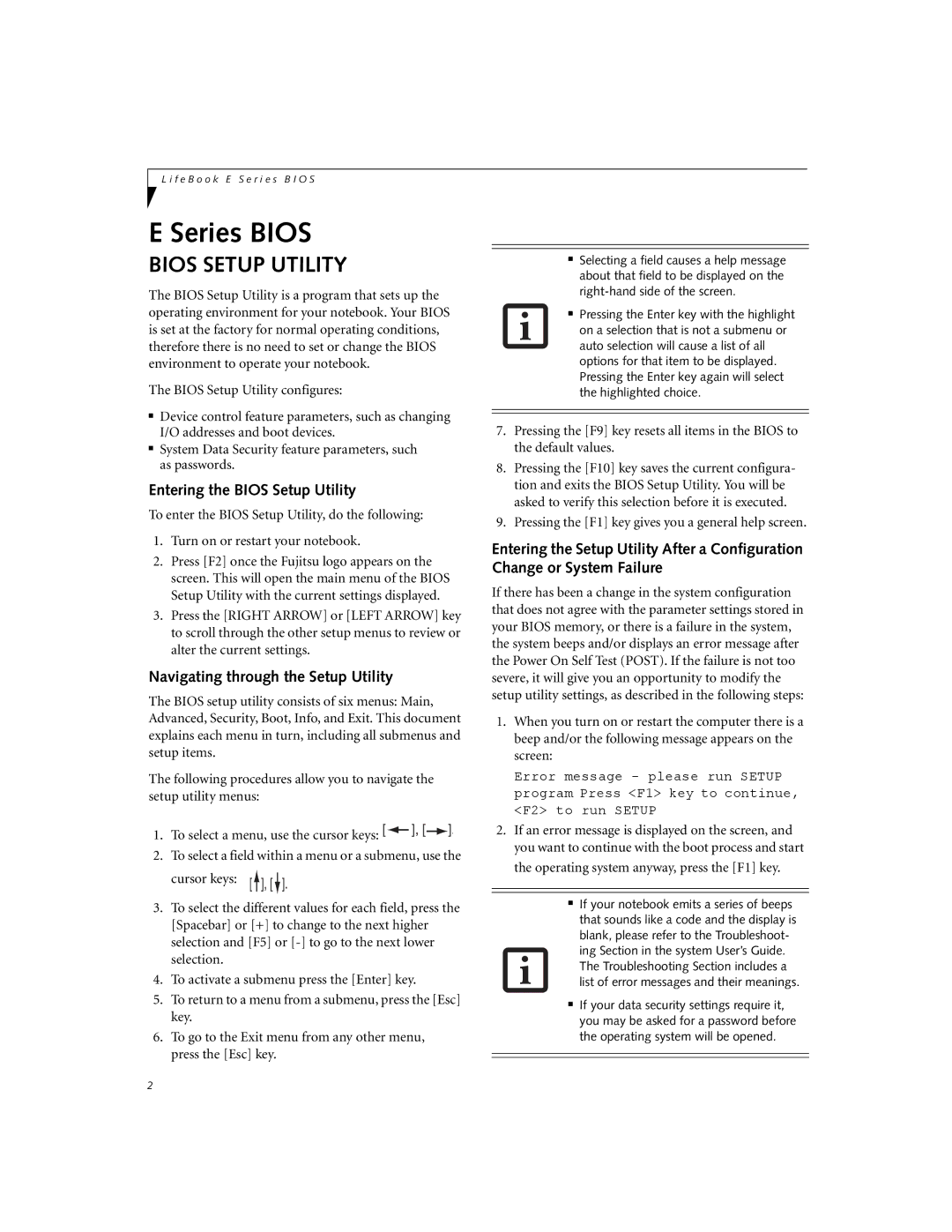 Fujitsu E8010 manual Entering the Bios Setup Utility, Navigating through the Setup Utility 