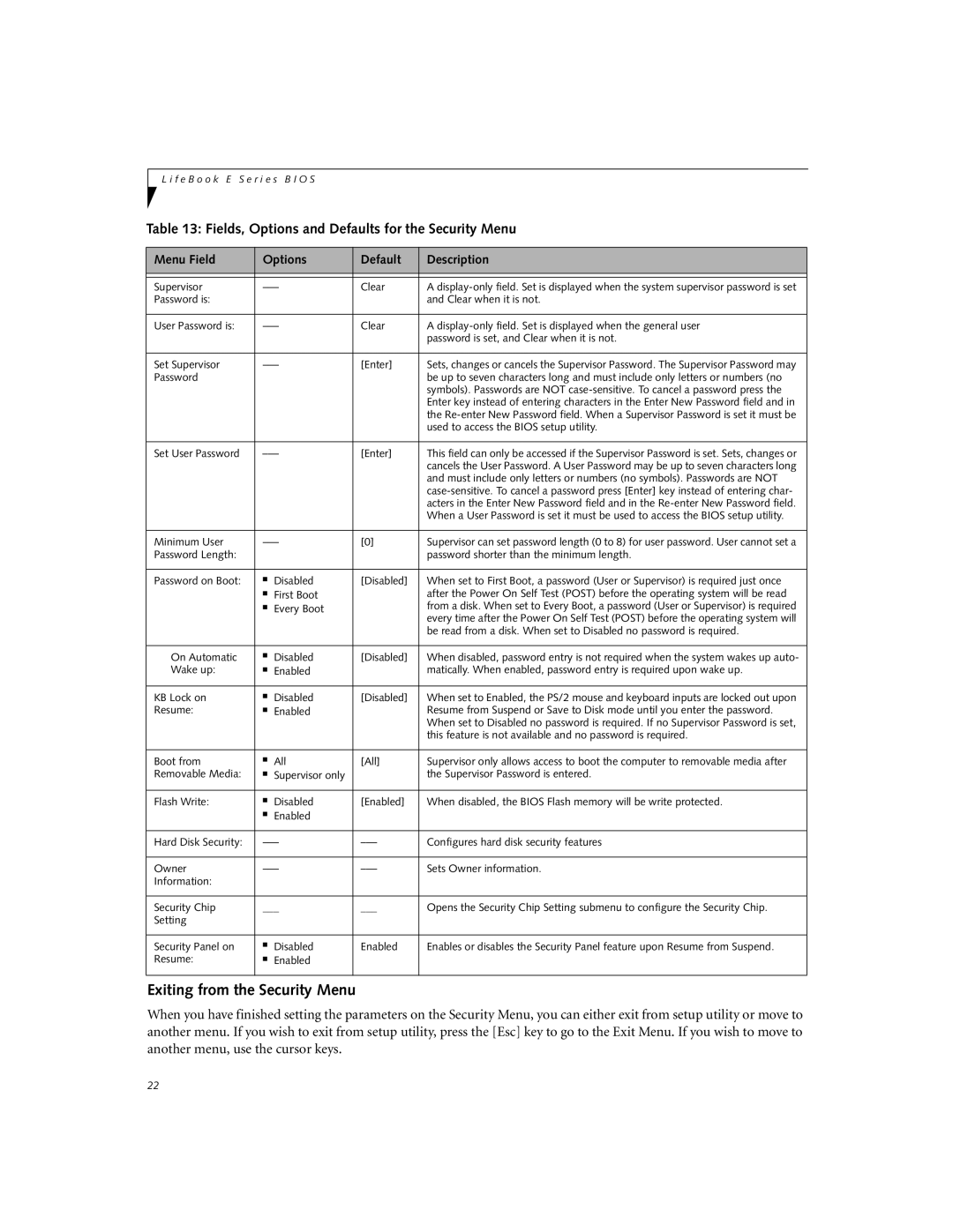 Fujitsu E8010 manual Exiting from the Security Menu, Fields, Options and Defaults for the Security Menu 