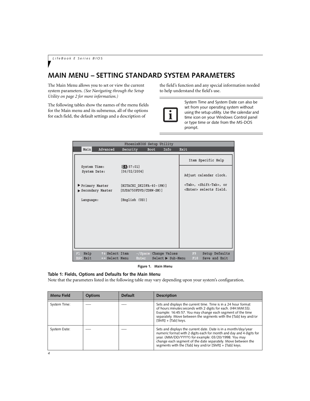 Fujitsu E8010 manual Main Menu Setting Standard System Parameters, Fields, Options and Defaults for the Main Menu 