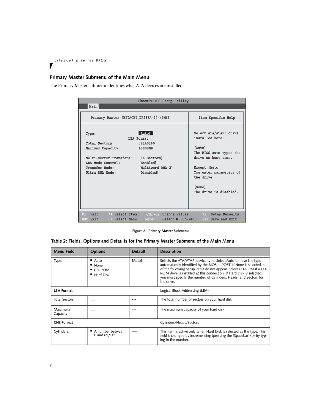 Fujitsu E8010 manual Primary Master Submenu of the Main Menu, Auto 